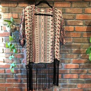 En Creme Printed Kimono Fringe Duster